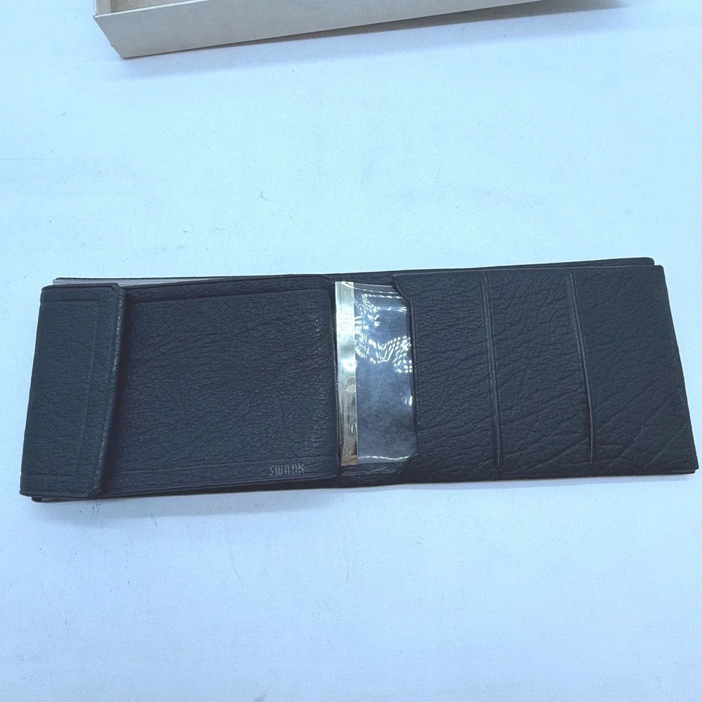 Vtg Swank Black Leather‎ Billfold Wallet Snap Closure Mens SK3J-T 1960s unused